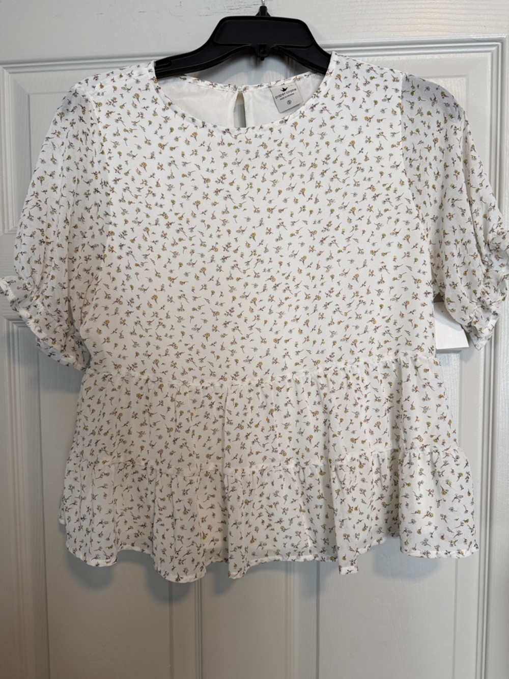 Paper Crane White Peplum Blouse with Tan Floral Print